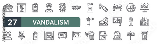 set of 27 thin line vandalism icons for web, mobile and digital interfaces including shop, police, vandalism, basin, light box, spray paint, police, elevator and vandalism. editable stroke vector