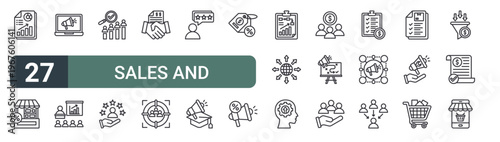 set of 27 thin line sales and marketing icons for web, mobile and digital interfaces including reporting, bazaar, online marketing, presentation, market research, experience, collaboration, target