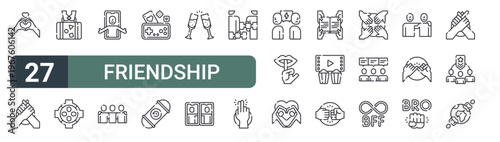 set of 27 thin line friendship icons for web, mobile and digital interfaces including love, bro, travel buddies, circle, virtual hug, three friends, game night, time capsule and toast. editable