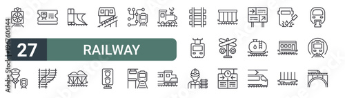 set of 27 thin line railway industry icons for web, mobile and digital interfaces including snow plower, driver, train ticket, switch, snowplow, cargo train, funicular, traffic light and subway map.