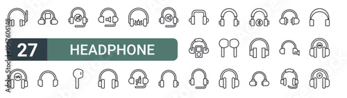 set of 27 thin line headphone icons for web, mobile and digital interfaces including headphone, headphone, earphone, and editable stroke vector