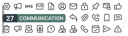 set of 27 thin line communication icons for web, mobile and digital interfaces including ting, delete, announcement, dislike, from, file, unread message, video call and document. editable stroke