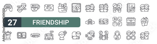 set of 27 thin line friendship icons for web, mobile and digital interfaces including console, award, chat, photo album, mug, bracelet, letter, video call and gift. editable stroke vector