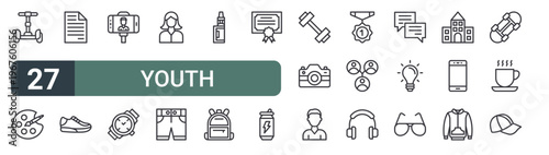 set of 27 thin line youth icons for web, mobile and digital interfaces including, color palette, notes, sneakers, selfie, wristwatch, girl, shorts and vape. editable stroke vector