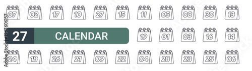 set of 27 thin line calendar icons for web, mobile and digital interfaces including calendar, calendar, and editable stroke vector