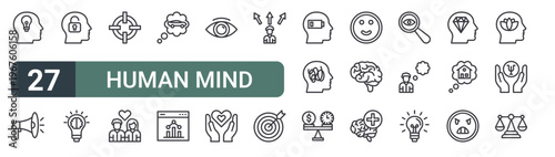 set of 27 thin line human mind icons for web, mobile and digital interfaces including idea, megaphone, extrovert, creative, target, in love, dream, analytic and vision. editable stroke vector