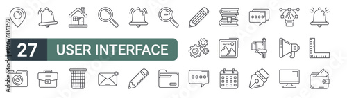 set of 27 thin line user interface icons for web, mobile and digital interfaces including location, camera, notification bell, briefcase, home, trash, search, email and notification bell. editable