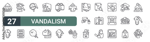 set of 27 thin line vandalism icons for web, mobile and digital interfaces including store, monument, vandalism, shield, stop, stone, government building, toilet paper and tnt. editable stroke
