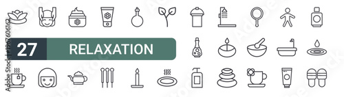 set of 27 thin line relaxation icons for web, mobile and digital interfaces including flower, tea, face treatment, smile, cosmetics, glass cup, cosmetics, acupuncture and oil. editable stroke vector