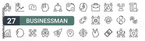 set of 27 thin line businessman icons for web, mobile and digital interfaces including appreciation, financial, analytics, willpower, customer service, swot analysis, brain, ass and coordination.