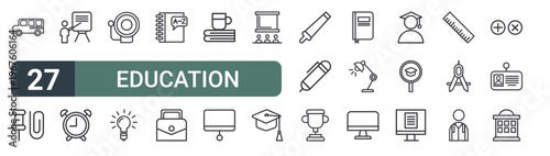 set of 27 thin line education icons for web, mobile and digital interfaces including bus school, pin, teach, alarm, bell, lamp, book cover, suitcase and book day. editable stroke vector
