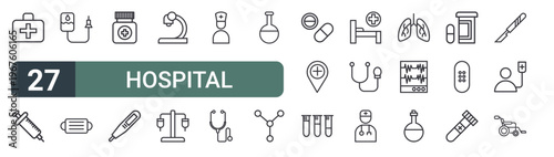 set of 27 thin line hospital icons for web, mobile and digital interfaces including suitcase, syringe, infusion, mask, drug, thermometer, microscope, infusion and nurse. editable stroke vector