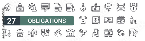 set of 27 thin line obligations icons for web, mobile and digital interfaces including bankruptcy, credit, property, insurance, money management, obligations, collateral, liability and taxes.