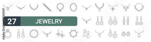 set of 27 thin line jewelry icons for web, mobile and digital interfaces including necklace, ring, necklace, earrings, necklace, bracelet, bracelet, and bracelet. editable stroke vector