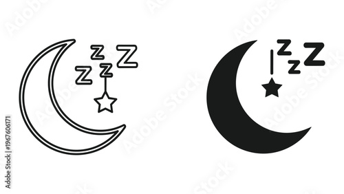 Sleepy time crescent moon and star icons in black and line art