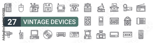 set of 27 thin line vintage devices icons for web, mobile and digital interfaces including pocket radio, video camera, mouse, walkie talkie,, computer, computer diskette, vinyl and tv. editable