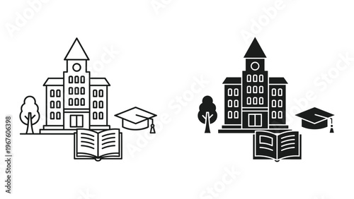 Education icons including school building, graduation cap, and book