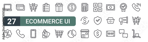 set of 27 thin line ecommerce ui icons for web, mobile and digital interfaces including laptop, discount, debit card, phone call, remove from cart, smartphone, clipboard, discount and gift. editable