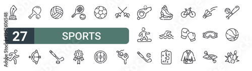 set of 27 thin line sports icons for web, mobile and digital interfaces including winner, running, table tennis, archery, ball, hockey, tennis, trophy and football. editable stroke vector