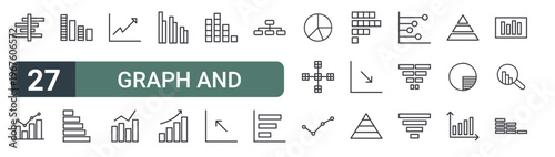 set of 27 thin line graph and chart icons for web, mobile and digital interfaces including gantt chart, chart, bar bar statistics, stats, growth graph and bar editable stroke vector