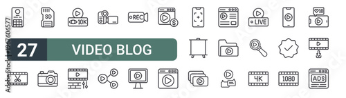 set of 27 thin line video blog icons for web, mobile and digital interfaces including profile, trim,, camera, views, video editing, camcorder, share video and rec. editable stroke vector