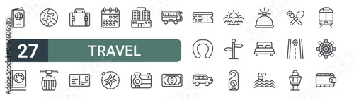 set of 27 thin line travel icons for web, mobile and digital interfaces including passport, guide book, world map,, suitcase, postcard, calendar, compass and hotel. editable stroke vector