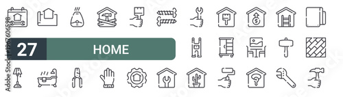 set of 27 thin line home improvements icons for web, mobile and digital interfaces including renovation, floor lamp, house de, bath tub, humidifier, plier, home repair, protective gloves and paint