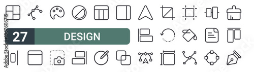 set of 27 thin line design icons for web, mobile and digital interfaces including layout, distribute, curve, layout, palette, screenshot, adjustment, align right and table. editable stroke vector