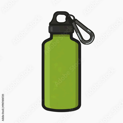 Flat vector illustration of a bold green hiking water bottle with a carabiner, suitable for outdoor gear ads or travel blogs.