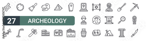 set of 27 thin line archeology icons for web, mobile and digital interfaces including bones, fossil, broken plate, metal detector, brush, hammer, fossil, colosseum and pyramid. editable stroke