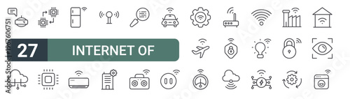 set of 27 thin line internet of things icons for web, mobile and digital interfaces including robot, cloud, chip, chip, smart fridge, ac, wireless network, building and data analysis. editable