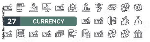 set of 27 thin line currency icons for web, mobile and digital interfaces including money, money, receipt, atm, increase, money, stock market, and editable stroke vector