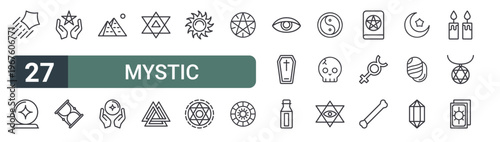 set of 27 thin line mystic icons for web, mobile and digital interfaces including star, crystal ball, mystic, sand clock, pyramid, crystal ball, merkaba, valknut and sun. editable stroke vector
