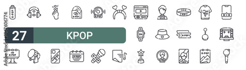 set of 27 thin line kpop icons for web, mobile and digital interfaces including thermo, banner, headphone, lights, finger, phone case, album, calender and cd. editable stroke vector