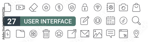 set of 27 thin line user interface icons for web, mobile and digital interfaces including document, battery, user interface, folders, rubber, main menu, favorite, trash and temperature. editable