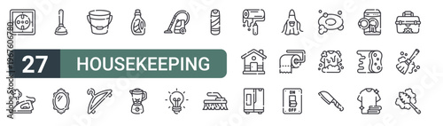 set of 27 thin line housekeeping icons for web, mobile and digital interfaces including socket, iron, plunger, mirror, bucket, hanger, detergen, blender and vaccum cleaner. editable stroke vector
