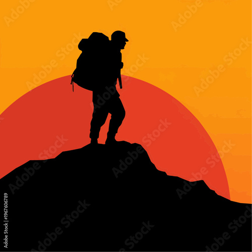 Flat vector illustration of a bold mountain hiker silhouette, perfect for outdoor adventure blogs, travel promotions, or nature-themed designs.