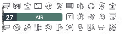 set of 27 thin line air conditioning icons for web, mobile and digital interfaces including air conditioner, air conditioner, conditioner, snowflake, celcius,, celcius, wind blow and fan. editable