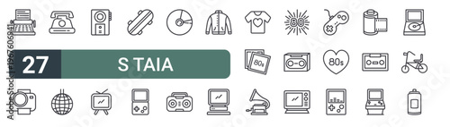 set of 27 thin line s taia icons for web, mobile and digital interfaces including typewriter, camera, telephone, disco ball, speaker, television, skateboard, retro game and vinyl disc. editable