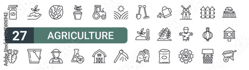 set of 27 thin line agriculture icons for web, mobile and digital interfaces including water spray, radish, plant, water bucket, cabbage, farmer, plant, chemical and tractor. editable stroke vector