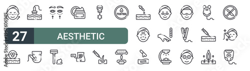 set of 27 thin line aesthetic treatment icons for web, mobile and digital interfaces including ellanse, skin regeneration, rf lifting, radiofrequency, blepharoplasty, razor blade, cosmetics,