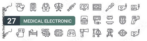 set of 27 thin line medical electronic devices icons for web, mobile and digital interfaces including dermatome, capillary scope, echocardiogram, nebulizer, oxygen concentrator, medical bed, venous