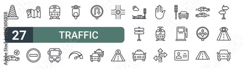set of 27 thin line traffic icons for web, mobile and digital interfaces including traffic cone, navigation, map location, do not entry, train, bus, scooter, speedometer and u turn. editable stroke