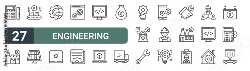 set of 27 thin line engineering elements icons for web, mobile and digital interfaces including calculator, factory, production line, solar plane, solution, laptop, web development, web development