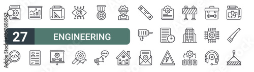 set of 27 thin line engineering elements icons for web, mobile and digital interfaces including manual book, custom coding, presentation, cv, drafting, project plan, cyber eye, search engine and