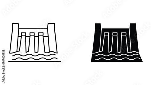 Black and white line icons of dam or water control structure