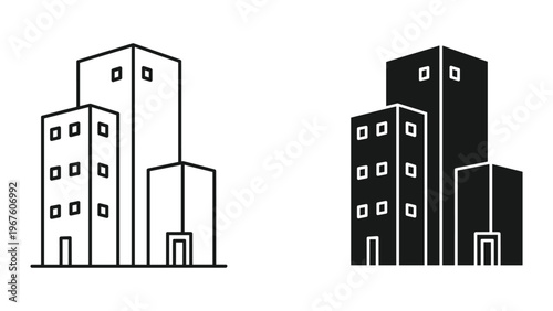 Obraz na plátně Black and white cityscape buildings with windows and doors in simple line art st