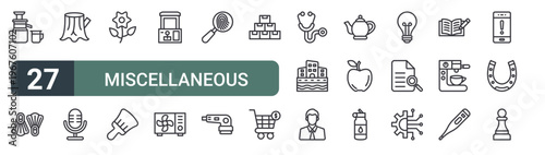 set of 27 thin line miscellaneous elements icons for web, mobile and digital interfaces including juicer, flippers, stump, microscope, flower, paint brush, claw hine, ac and fingerprint. editable
