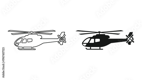 Black and white helicopter icons in line and solid styles isolated on white background