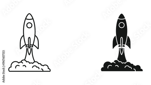 Black and white rocket ship icons launching into space on clouds